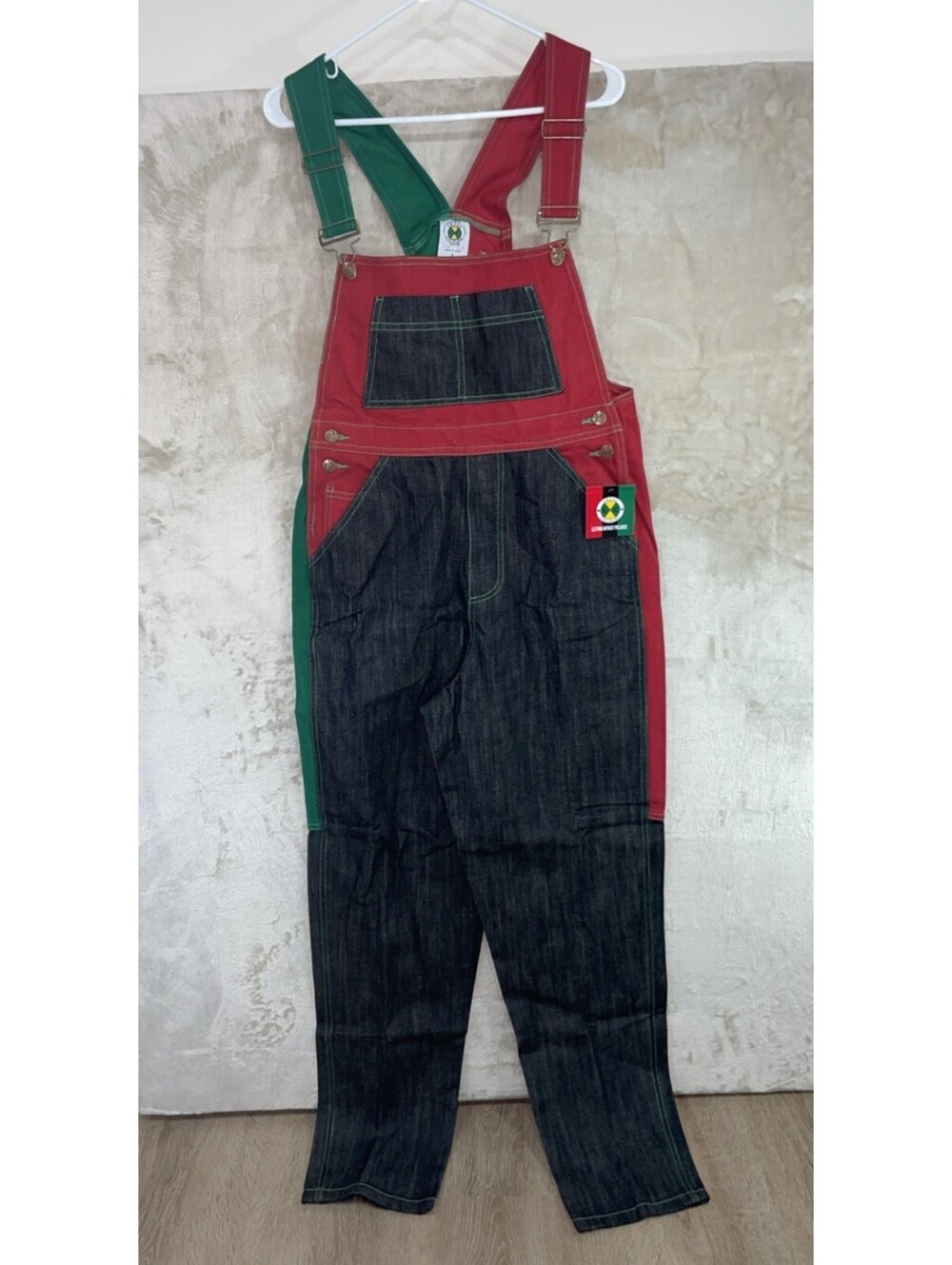 90s Cross Colours Colorblock Denim Overalls Red Green Black Hip Hop Size S - NWT